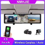 4K 12 Inch Car DVR 3 Cameras Dash Cam GPS WIFI Rearview Mirror Video Recording Wireless Apple Carpla