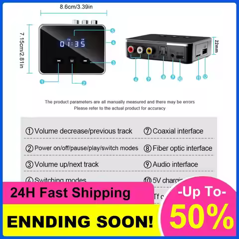 BT 5.4 Transmitter Receiver with RCA 3.5mm AUX & Display BT Audio Adapter BT Adapter for TV/Car/PC/H