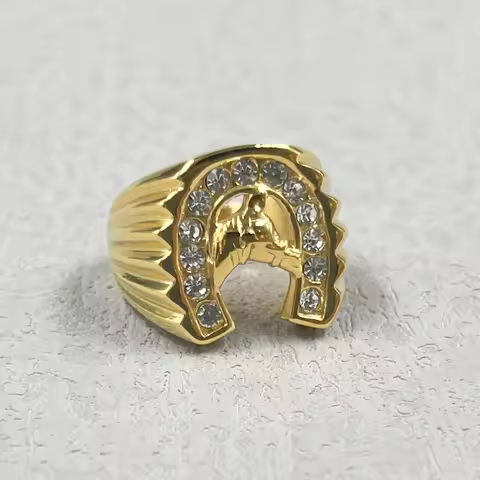 316L stainless steel gold color Jockey Club horseshoe men's ring with rhinestone horse high quality 