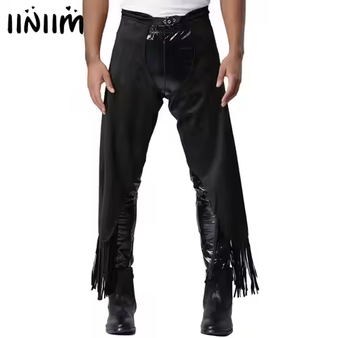 Mens Vintage Cowboy Chaps Pants Adjustable Buckles Open Crotch Split Fringe Suede Pants Halloween Th