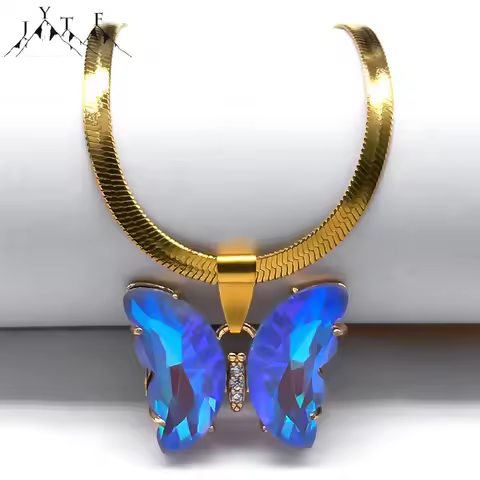 Butterfly Colorful Laser Pendant Choker Necklace Women Stainless Steel Snake Blade Chain Kpop Party 