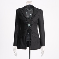 ชุดสูทคอตั้งไม่สมมาตร VGH ดีไซน์เก๋ไก๋ กระโปรงสั้นแบบแยกชิ้น แขนยาว สไตล์ทำงาน ฤดูใบไม้ผลิ 2024