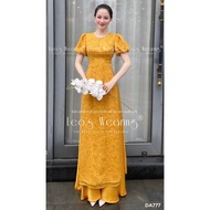 DA777 LEOSWEARING Embossed silk ao dai with 4 panels, round neck with buttons, short puffed sleeves,