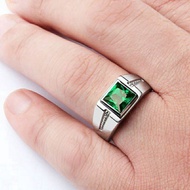 แหวนผู้ชายหินสีเขียว / แหวนหมั้นชุบทองคำขาว 18K สำหรับผู้ชาย
