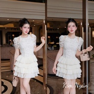 Luxurious lady's dress, luxuriously designed dress with shoulder cutout and floral lace T69(Z6)