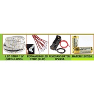 LED STRIP 12V (PANJANG 15 CM)  PENYAMBUNG LED STRIP(KLIP)  PEMEGANG BATERI 12V/23A BATERI ALKALINE 1