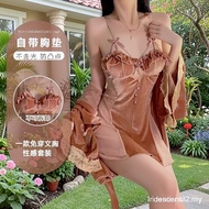 Guiruo Velvet Low-Cut V-Neck with Chest Pads Gathering Gauze See-Through Lace Nightdress Outer Robe 