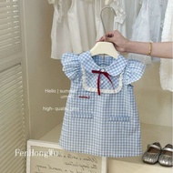 Girls' blue dress with boat neck, red bow, fairy wings, lovely blue checkered A-line silhouette