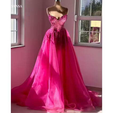 Sansa Customized Rose Pink Ball Gown Prom Dress Rhinestones Spaghetti Strap Vestidos De Noche Sweeth