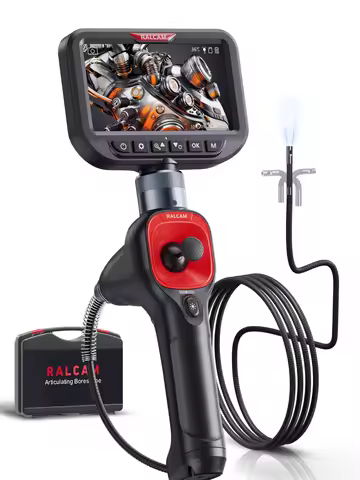 RALCAM Two-Way 360° Articulating Borescope 5 inch Screen,6.5mm Steerable Probe Inspection Camera 6+1
