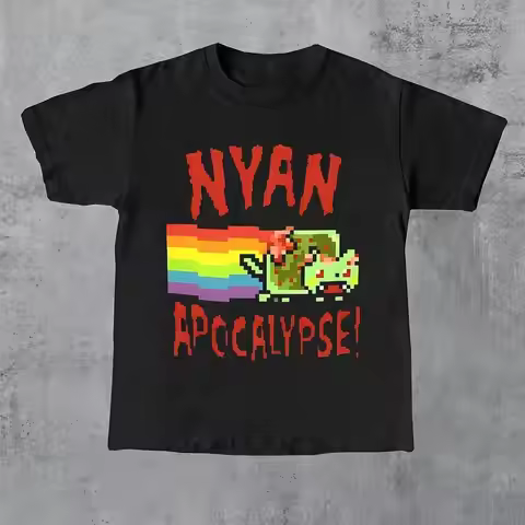 Y2K Retro Game T-Shirt Featuring A NYAN Apocalypse Rainbow Made From Soft Knitted Fabric. This Unise