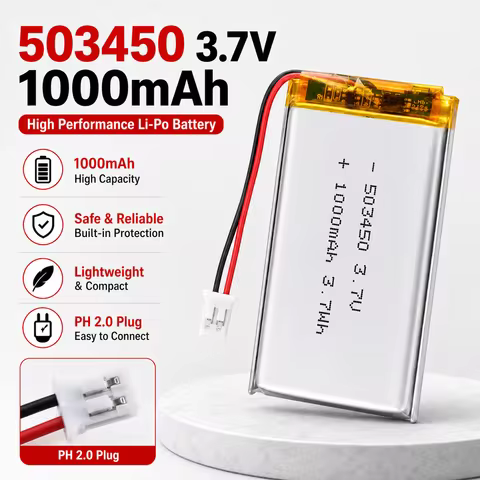 523450 503450 3.7V 1000mAh Rechargeable LiPo Battery PH2.0 2Pin for GPS Phone DVD MP5 Camera