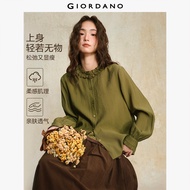 GIORDANO Women Shirts Ruffle Round Neck Elegant Blouses Long Sleeve Button Closure Trendy Chic Fashi