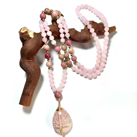 Rhodochrosite Rose Quartz Beads Necklace with Rose Quartz Pendant for Men and Women