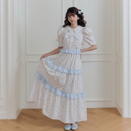 FLAT2112 : LADY PRIMROSE MAXI DRESS เดรสยาวลายดอกไม้ เดรสยาวสีฟ้าครีม เดรสลูกคุณ เดรสใส่เที่ยว เดรสค