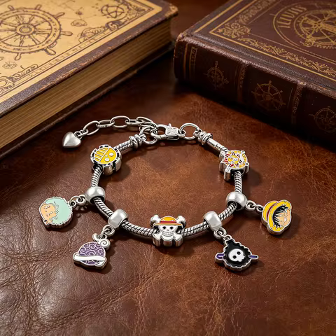 One Piece Inspired DIY Charm Bracelet Silver Plated with Luffy, Zoro, Brook & Thousand Sunny Themed 