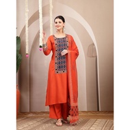 Rust orange Ajrak patched  Embroidered Rayon kurti palazzo with printed dupatta