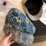 MOCHO1 Denim Forward Cap, Cloth Y2k Embroidery Flower Forward Hat, Casual Ethnic Style Visor Washed 