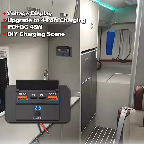 2-4 Ports 12V RV USB Outlet 108W Dual USB C 36W and Dual QC 3.0 18W Port Car Charger Socket Accessor