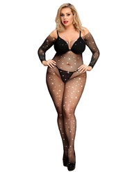 ohyeah Women’s Sparkle Fishnet Rhinestone Black Bodysuit Full Body Stocking Lingerie Sheer Mesh Jump
