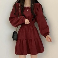 Ready Stock Women Square Neck Long Sleeve Red Dress Plus Size Causal A-Line Dress Midi Dress