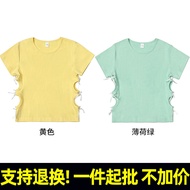 2026T308 #210g Odal 92% Cotton 8% Spandex Round Neck Front Shoulder Hollow Bow Slim Short Sleeve T-S