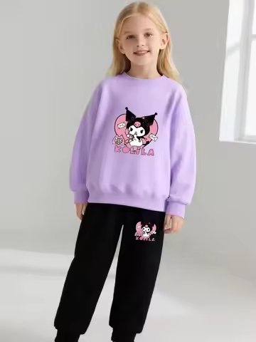 Autumn New Style Children's Pullover Sets Cartoon Printed Girls Thin O Neck Hoodies Pants 2pcs Suit 