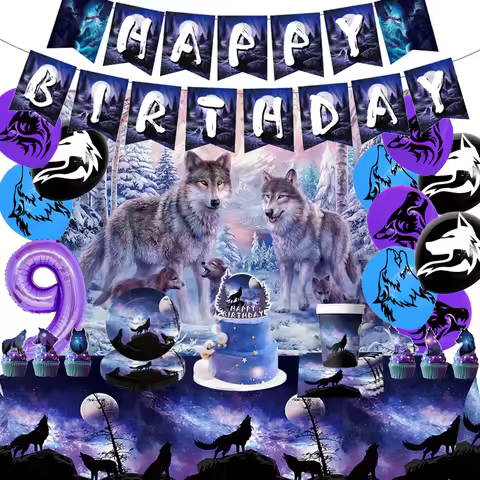 Cartoon Arctic Wolf Full Moon Night Theme Background Happy Birthday Party Decorative Disposable Tabl