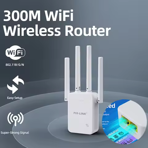 PIX-LINK WR47D4Q Double Port 300Mbps WiFi Repeater Wireless Router AP Mode 4 Antennas WPA3 2.4GHz Wi