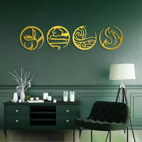 Four Elements 3D Acrylic Mirror Wall Decal Earth Water Air Fire Elements Symbol Minimalist Wall Art 