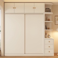 Creamy Style Solid Wood Wardrobe Storage Cabinet Simple Sliding Door Wardrobe Wardrobe With Drawers 