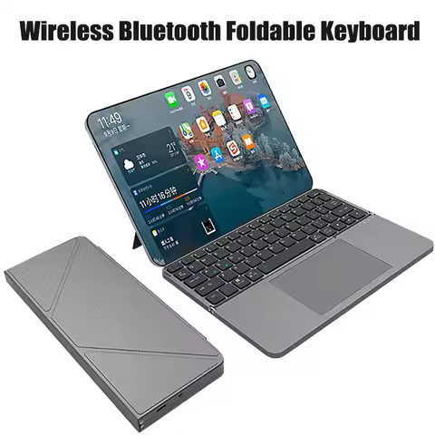 Bluetooth Wireless Folding Keyboard with Touchpad Leather Cover Bracket 64 Keys Suitable for Tablet 