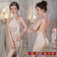 ชุดเดรสสั้นรัดรูป แต่งเลื่อม 💥มีไซต์ใหญ่ M-2XL นน 40-80kg  ซีทรูบาง แต่งเกล็ดปลา สายคล้องคอ ชุดนอนไม