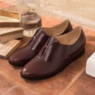 紅酒色 無綁帶內增高真皮牛津鞋