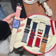 Plush Genuine Leather Patchwork Denim Watch Strap Suitable for iwatch S11 10 9 8 ultra 7 6 5 4 SE 3 