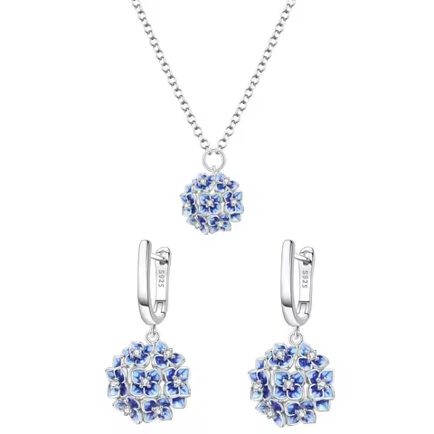 925 Sterling Silver Women's Necklace Earring Set Blue Hydrangea Flowers Earring Set Exquisite Party 