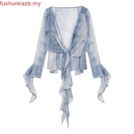 (Fashion_2)  Glamorous Blouse Tie Dye Contrast Mesh Front Frill Blouse for Women L106AD939