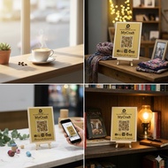 FREE Stand QR Code QR Pay Timbul Custom Gold + Kayu