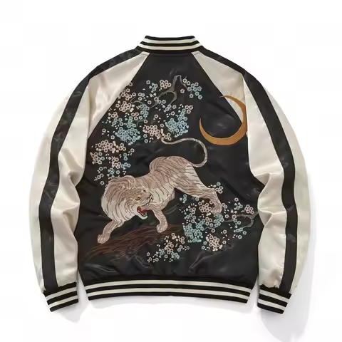 High Quality Men‘s Tiger Sakura Embroidered Jacket, Sukajan Baseball Bomber Jacket for Streetwear Hi