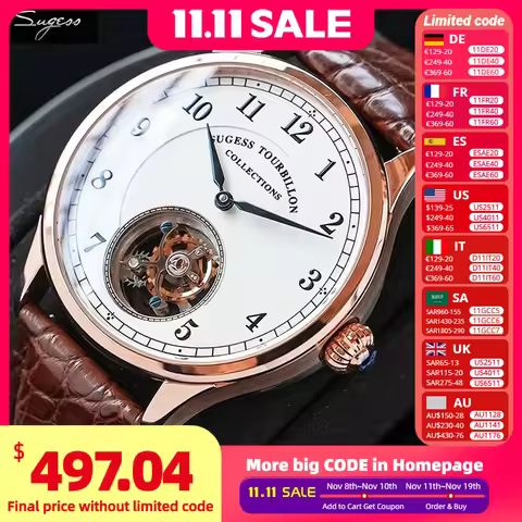 Sugess Genuine Tourbillon Business Men Watch Original ST8000 Movement Luxury Skeleton Mechanical Wat
