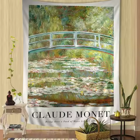 VIKAMA Claude Monet Water Lily Bridge Tapestry, Famous Oil Painting Print Wall Hanging for Bedroom D