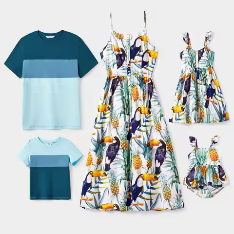 PatPat Family Matching Colorblock T-Shirt and Floral Button Up Strap Dress Sets