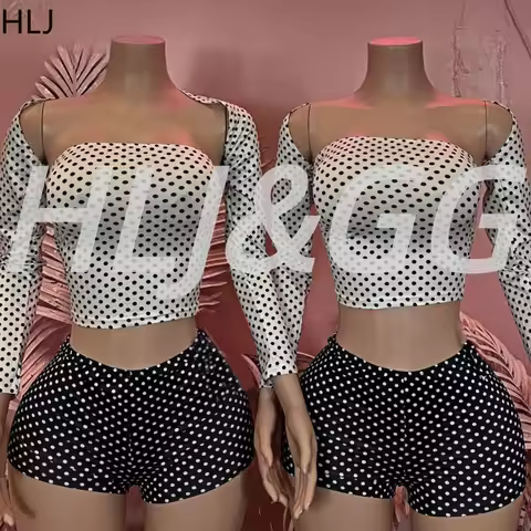 HLJ Fashion Y2K Polka Dot Print 3 Piece Sets Women Long Sleeve Top + Vest + Shorts Outfits Summer Re