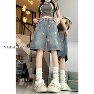 復古星星印花牛仔短褲 女裝寬鬆高腰顯瘦中褲 大碼設計- 復古藍 S碼