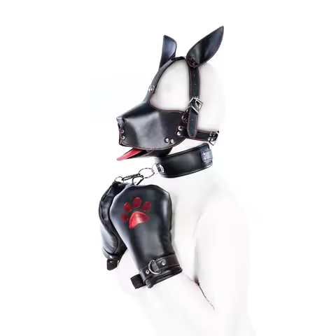 Dog Cosplay Costumes of Leather Restraints Collar and Half Face Mask with Fetish Gloves for Couples