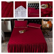 1 PC Plain Wine Red Color Brushed Quilting Bed Skirt Single Queen King/Super King Size Non-Slip Thickend Bed Mattress Cover Pillowsham