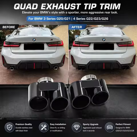 Quad Exhaust Tips for BMW G20 G21 320i 330i 330e Auspuffblenden Tailpipe Muffler Tips Glossy Black Q