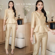 #6210 Set เสื้อ+กางเกงเอวสูง S-4XL ชุดสาวอวบ อ้วน ชุดออกงาน ชุดไปงาน ชุดเพื่อนเจ้าสาว ชุดไปวัด ชุดไป