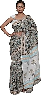 Hand Block Printed Cotton Mulmul Sarees for Women Attached Blouse Piece | Bagru Print Ajrak Print Co