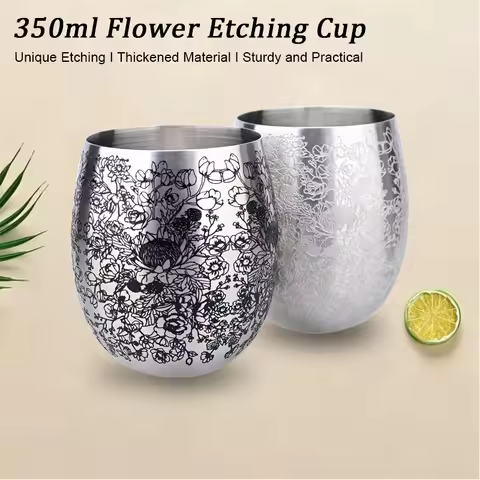 350ml Unique Flower Etching Cup Stainless Steel Egg Shaped Martell Whiskey Beer Mug Cocktail Wine Tu